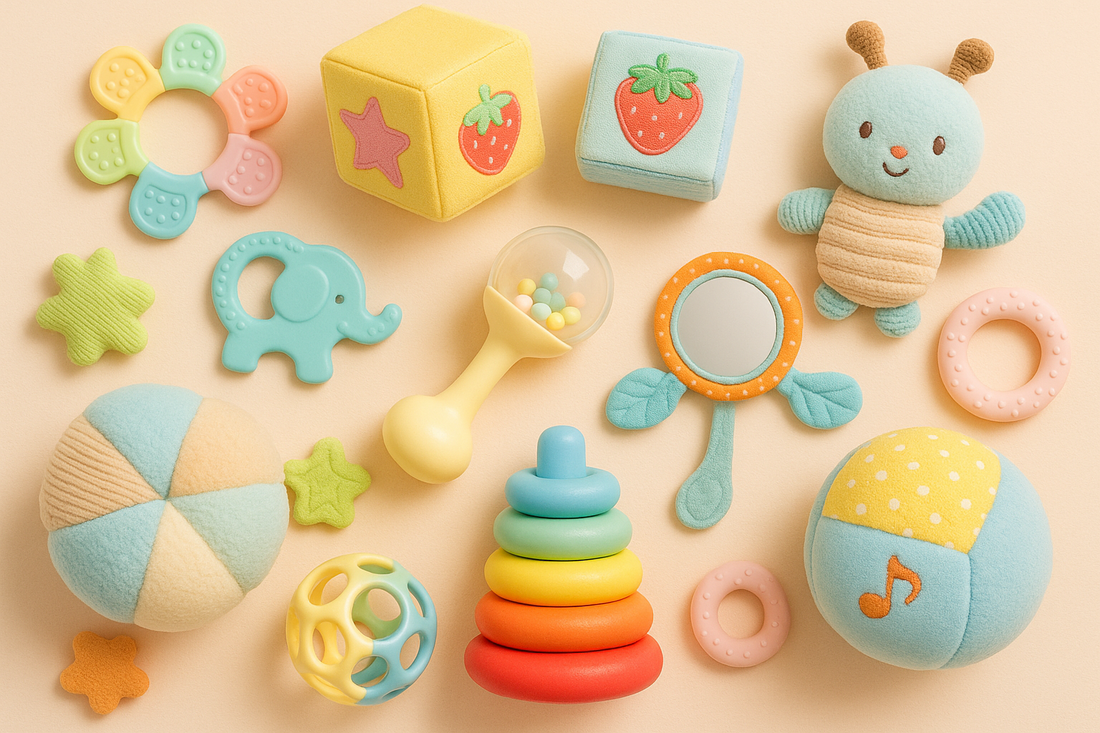 Colorful baby play toys including stacking rings, plush doll, soft blocks, rattle, and sensory ball