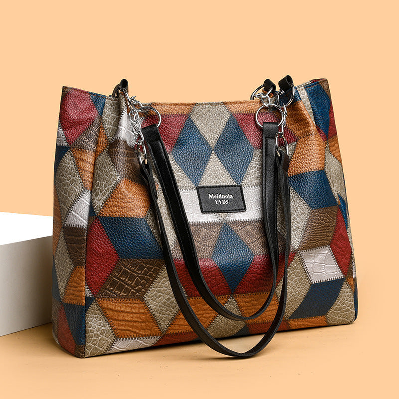 Retro Geometric Pattern Color-matching Shoulder Bag Fashion Large