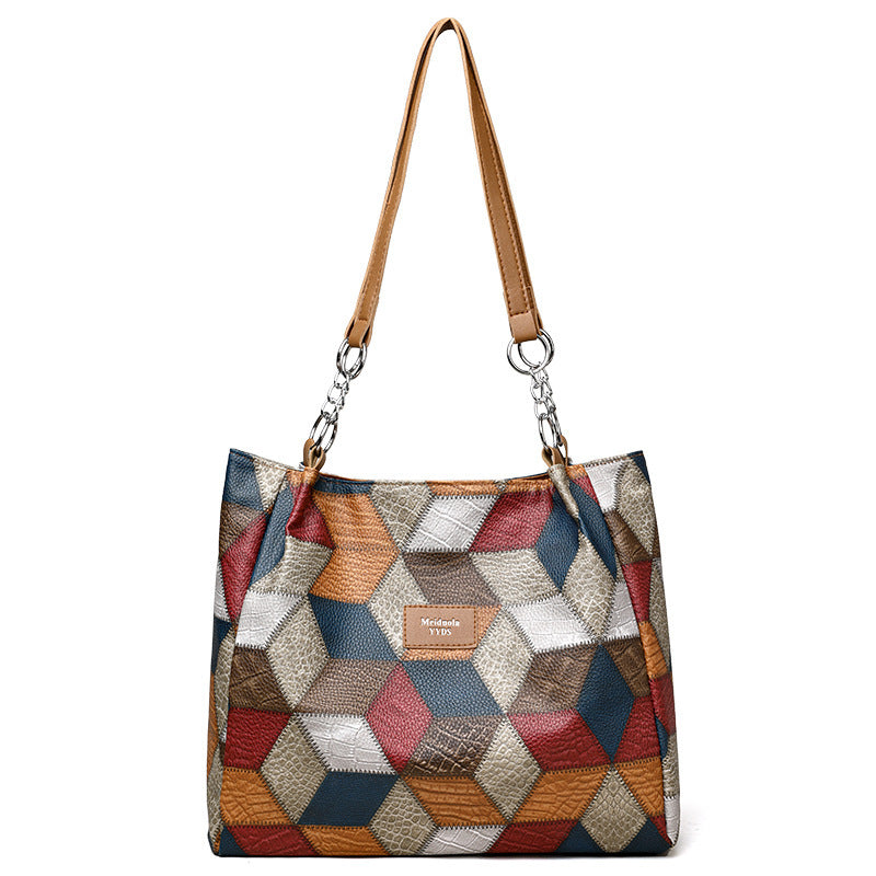 Retro Geometric Pattern Color-matching Shoulder Bag Fashion Large