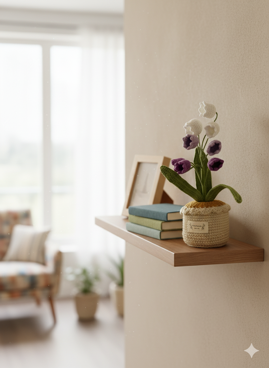 Handmade Crochet Lily of the Valley & Purple Bell Flowers in Pot Desk Decor | Home Decor