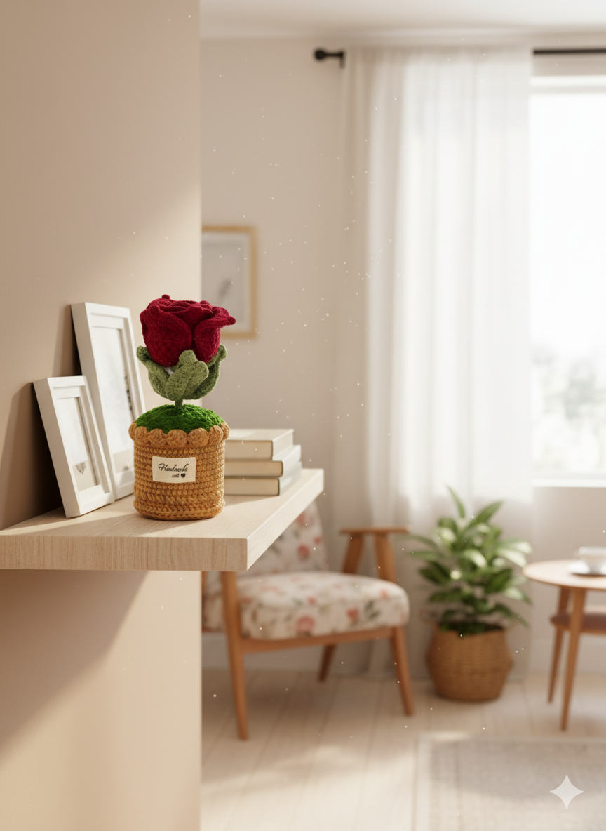 Handmade Crochet Red Rose Desk Plant Decor | Everlasting Romantic Gift for Valentine's & Anniversary