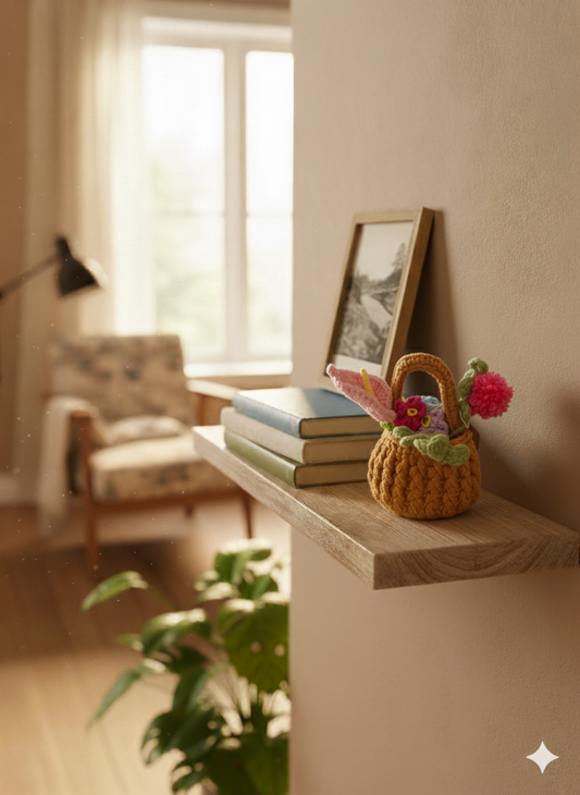 Mini Handmade Crochet Flower Basket | Tiny Everlasting Floral Arrangement | Unique Desk & Shelf Decor