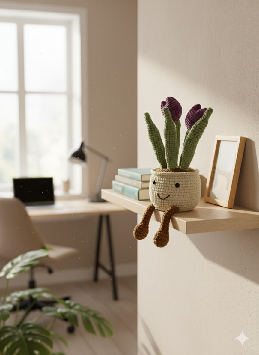 Cute Crochet Tulip in Smiling Pot | Artificial Flowering Plants Desk Decor | Amigurumi Plant Home Decor