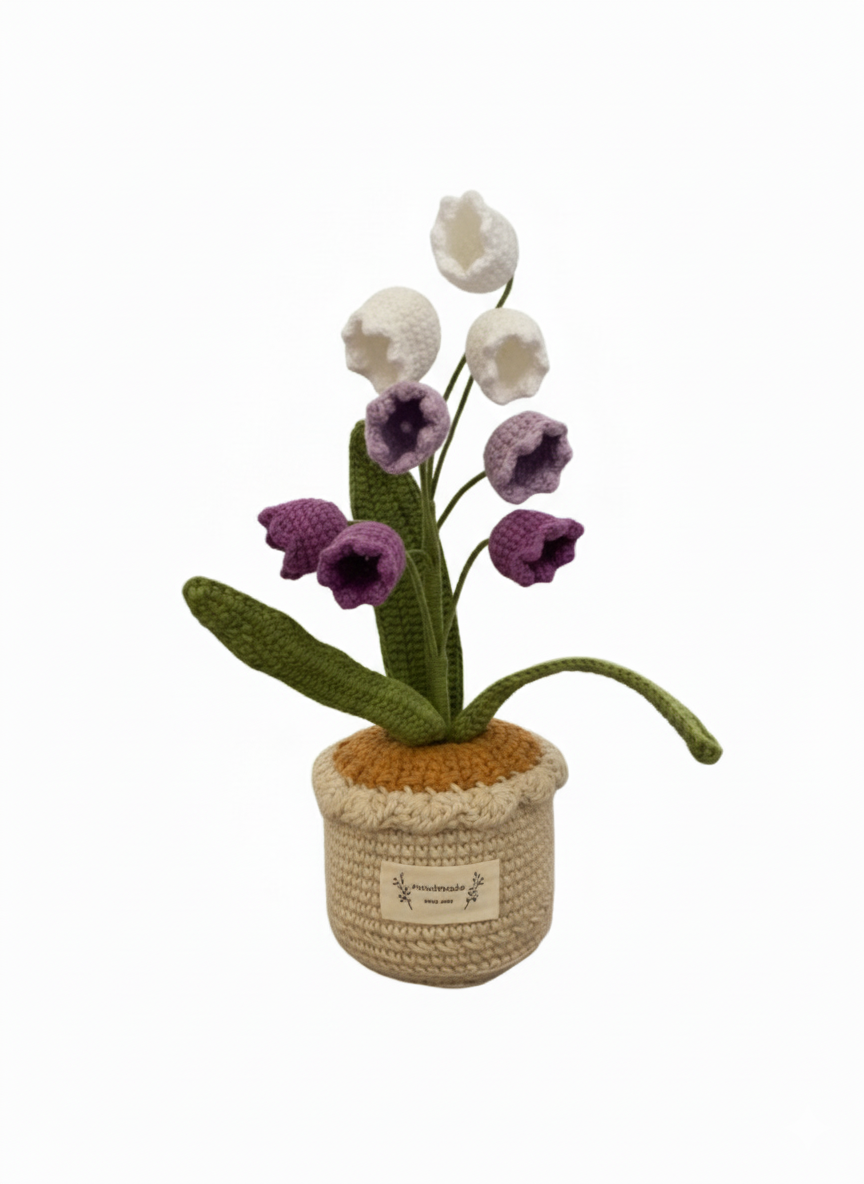 Handmade Crochet Lily of the Valley & Purple Bell Flowers in Pot Desk Decor | Home Decor