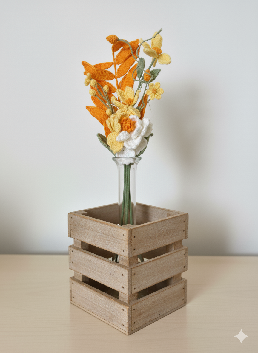 Handmade Crochet Flower Bouquet Desk Decor | Yellow & White Everlasting Floral Home Decor