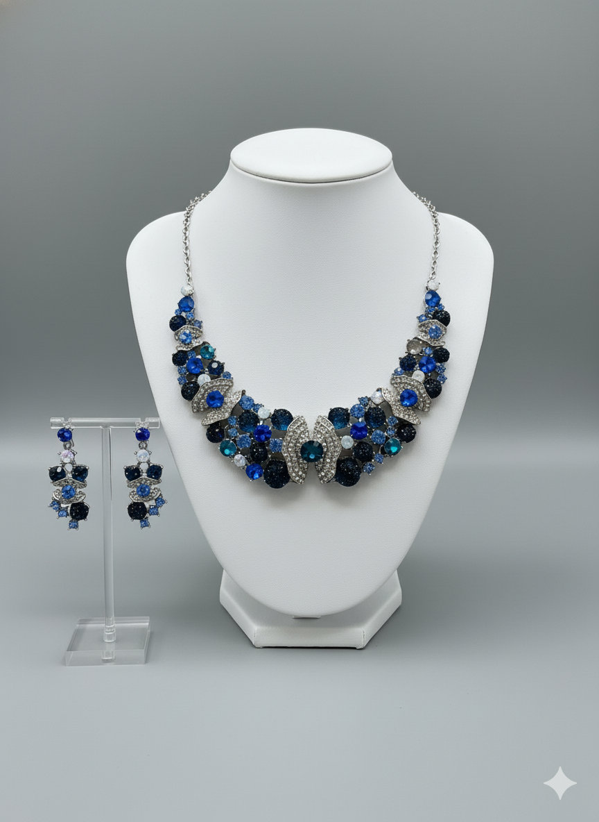 Blue Rhinestone Statement Necklace & Earring Set | Formal Evening Jewelry | Elegance Outlet