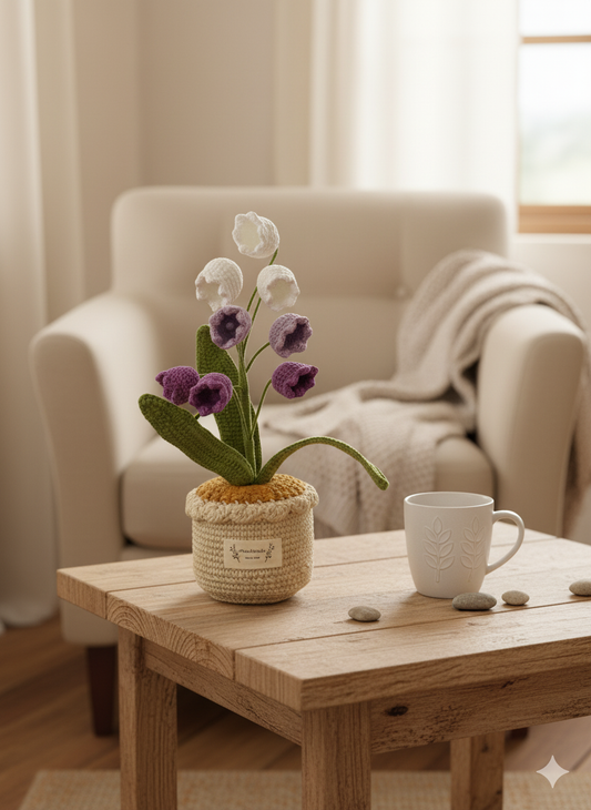 Handmade Crochet Lily of the Valley & Purple Bell Flowers in Pot Desk Decor | Home Decor