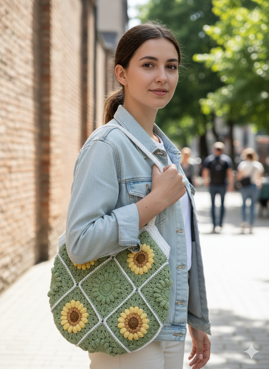 Handmade Boho Crochet Sunflower Tote Bag | Sage Green Crochet Bag with Sunflowers