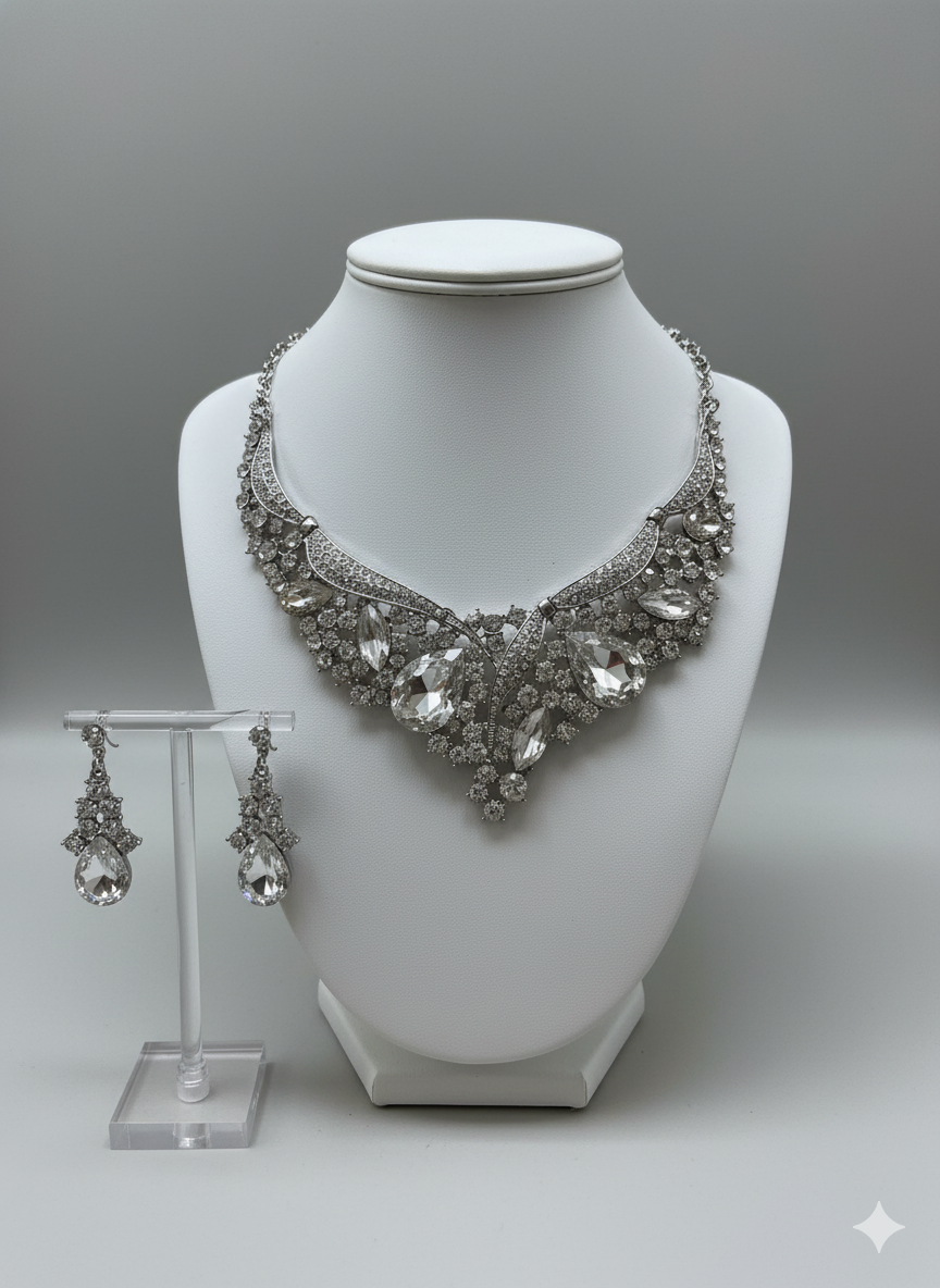 Crystal Bridal Jewelry Set - Rhinestone V-Necklace & Teardrop Earrings | Formal Wedding Jewelry | Elegance Outlet