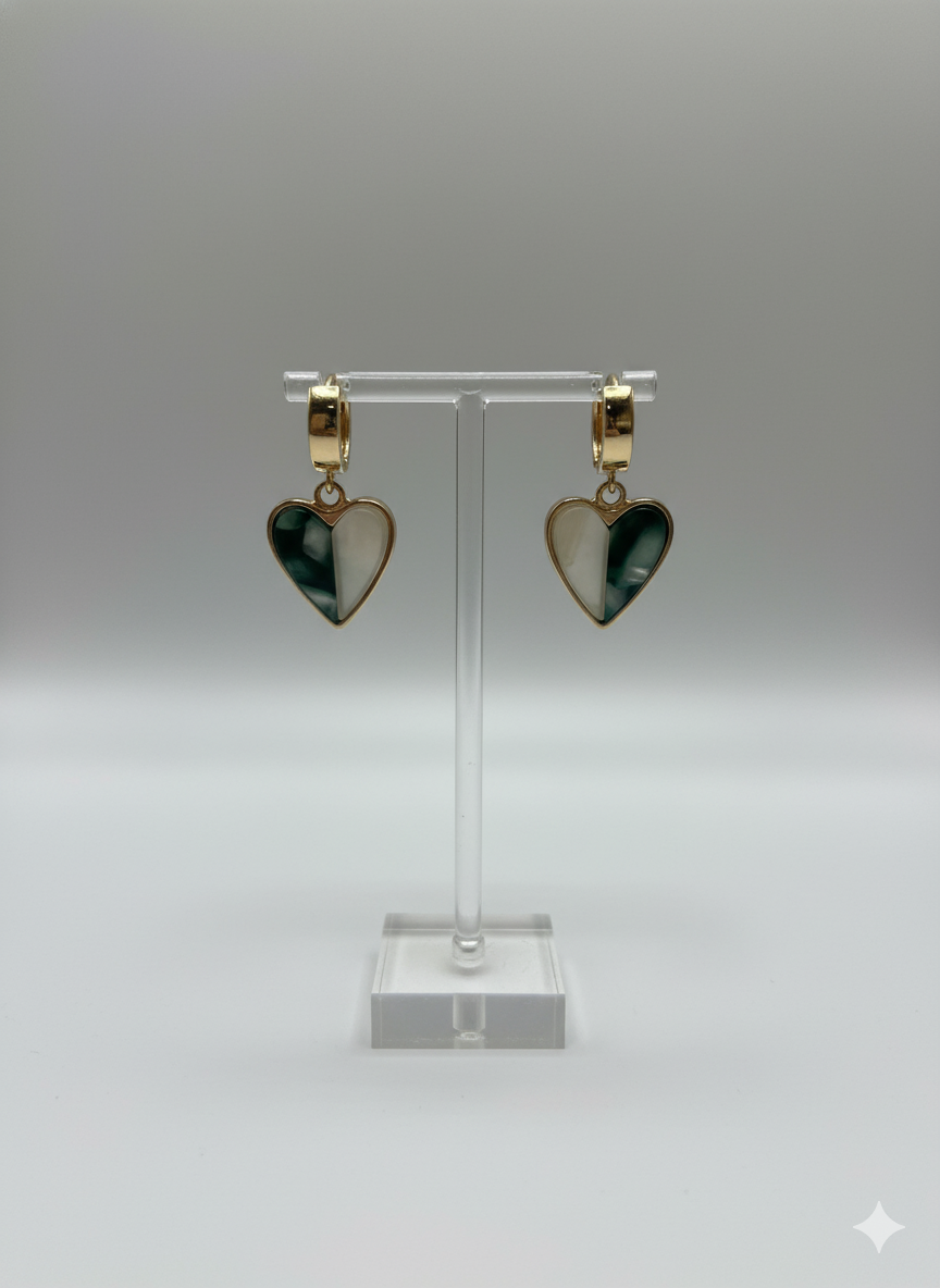 Two-Tone Heart Dangle Earrings - Marbled Green & White Gold Hoops | Chic Modern Jewelry | Elegance Outlet