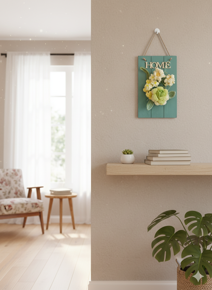 Handmade Crochet Flower Wall Hanging Decor | Rustic Wooden "HOME" Sign | 3D Crochet Flowers on Wood Plaque