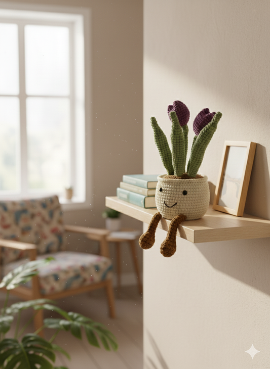 Cute Crochet Tulip in Smiling Pot | Artificial Flowering Plants Desk Decor | Amigurumi Plant Home Decor