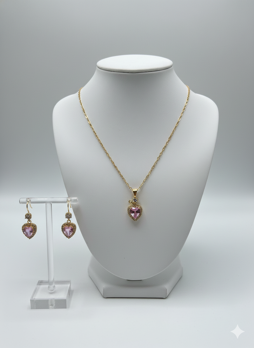 Pink Crystal Heart Jewelry Set - Gold-Tone Halo Necklace & Earrings | Dainty Romantic Jewelry | Elegance Outlet