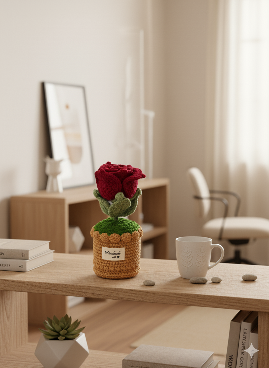 Handmade Crochet Red Rose Desk Plant Decor | Everlasting Romantic Gift for Valentine's & Anniversary