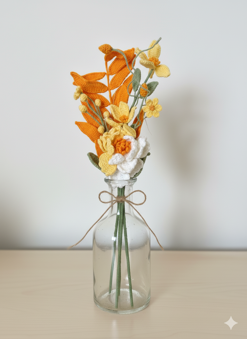Handmade Crochet Flower Bouquet Desk Decor | Yellow & White Everlasting Floral Home Decor