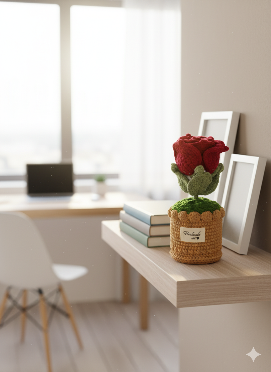 Handmade Crochet Red Rose Desk Plant Decor | Everlasting Romantic Gift for Valentine's & Anniversary