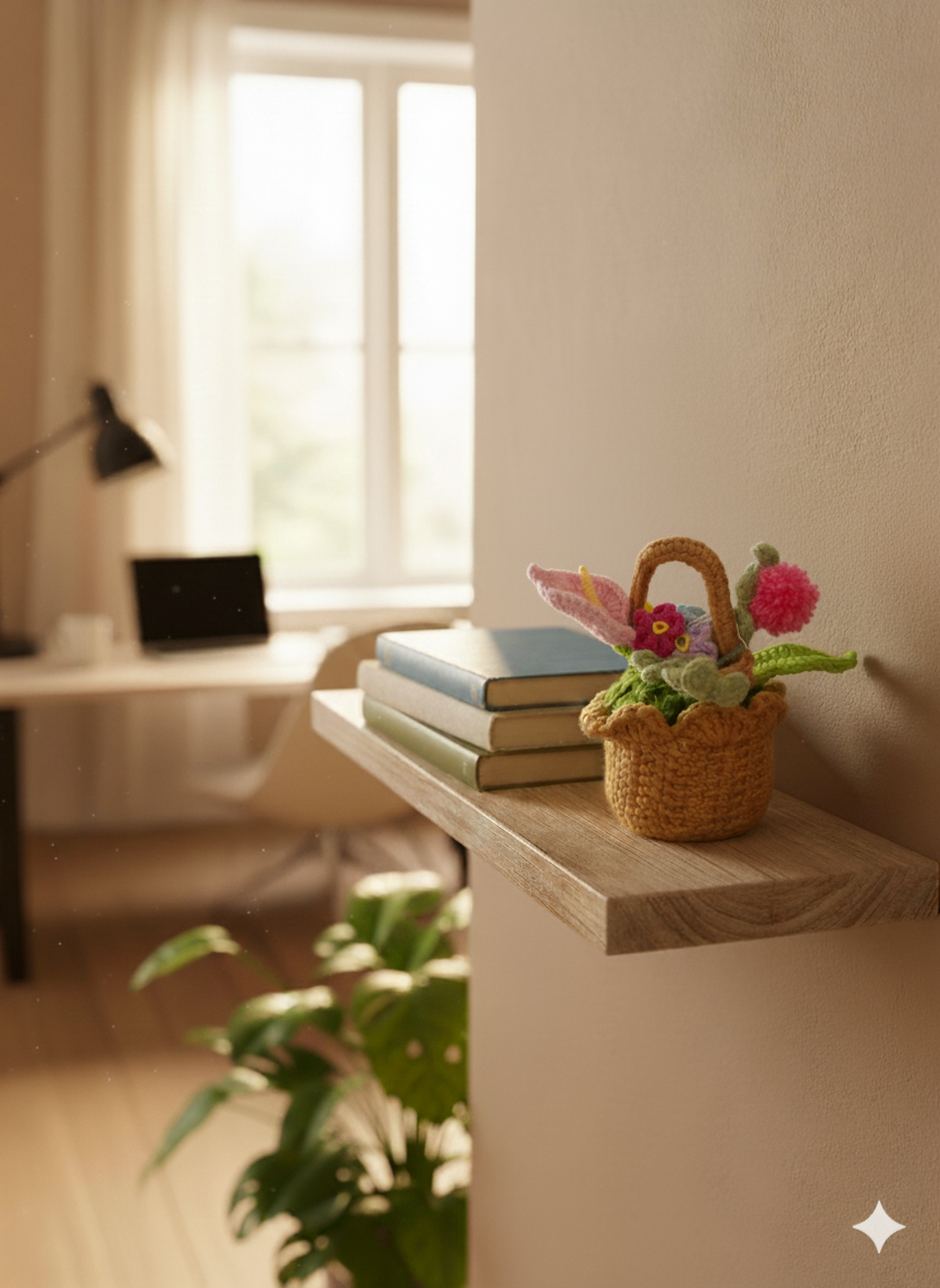 Mini Handmade Crochet Flower Basket | Tiny Everlasting Floral Arrangement | Unique Desk & Shelf Decor