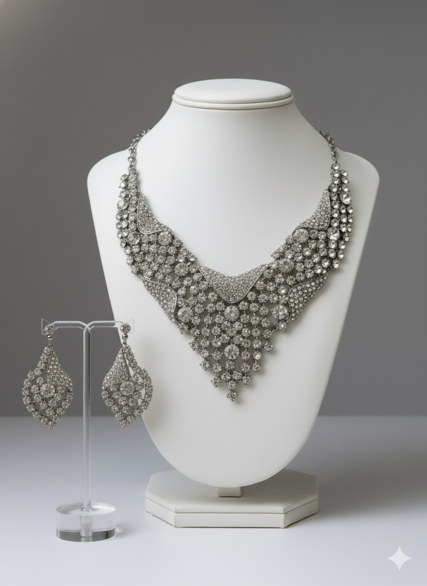 Glamorous Rhinestone Waterfall Necklace & Earring Set | Clear Crystal Bridal Jewelry | Elegance Outlet