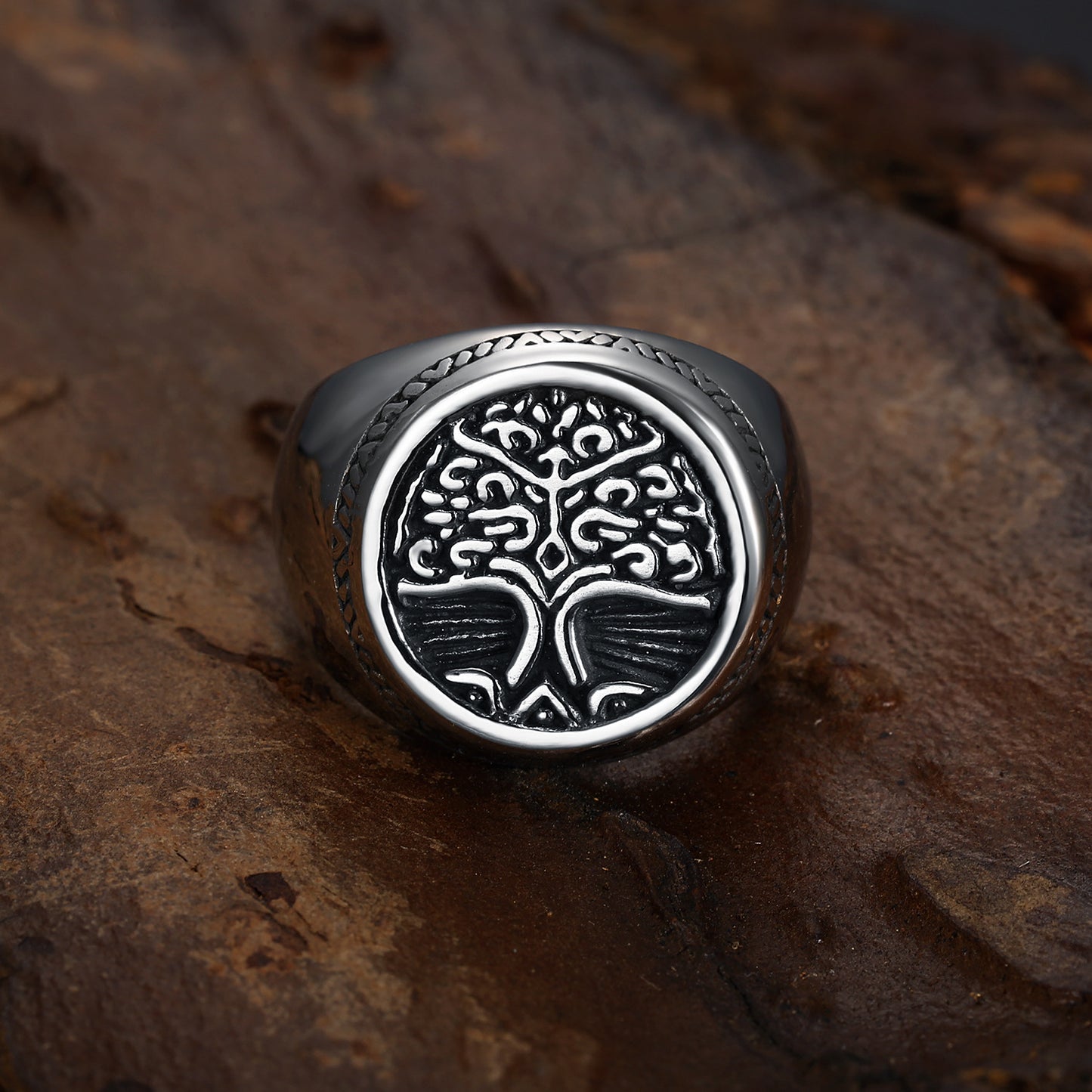 Personalized Thai Silver Men's Retro Fashion Ring Hip Hop Plant Mongolian Element Tree Of Life Stainless Steel Ring