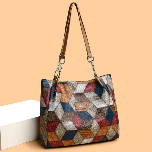 Retro Geometric Pattern Color-matching Shoulder Bag Fashion Large