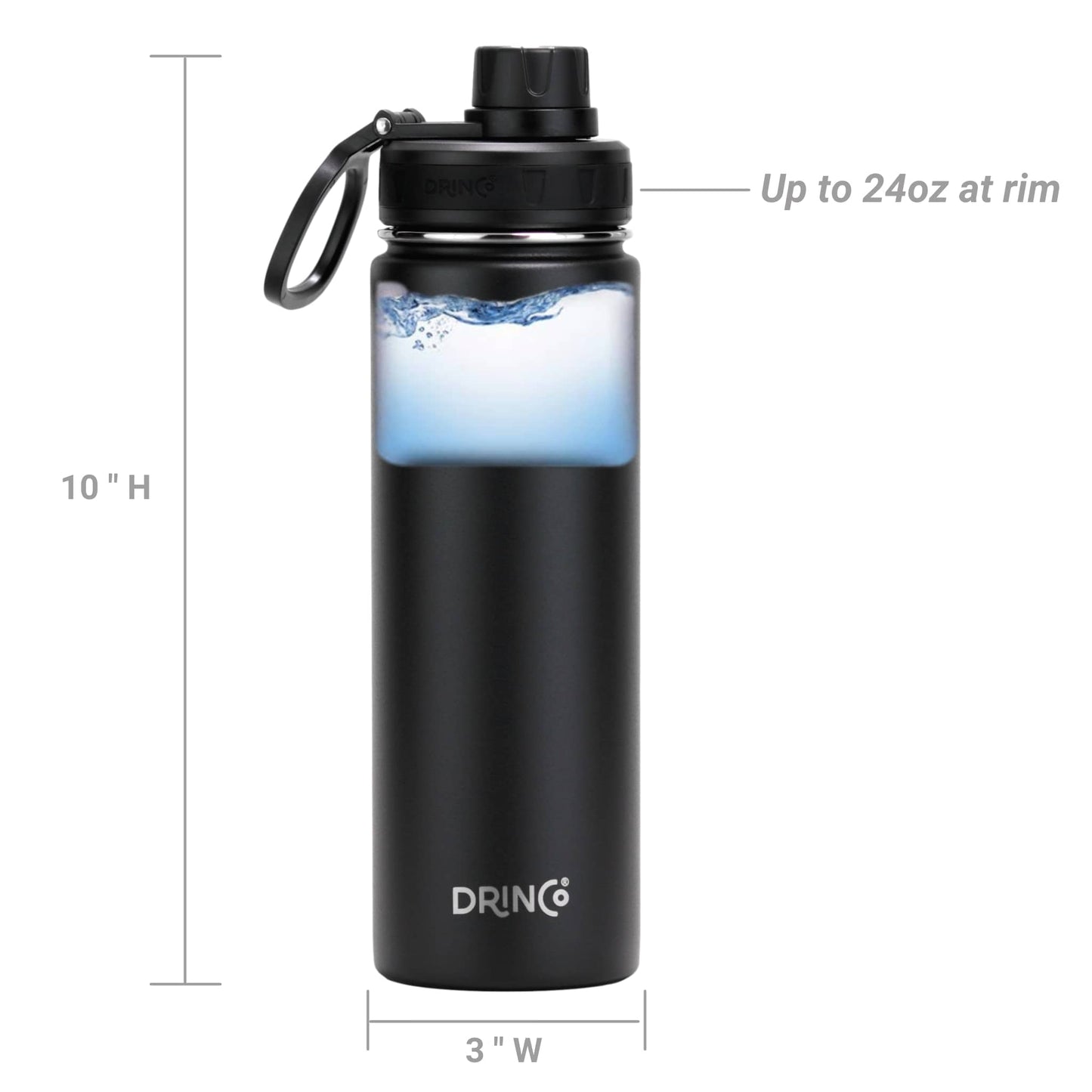 Drinco Stainless Steel Water Bottle – Vacuum Insulated Double Wall, Wide Mouth, Leak Proof, Keeps Drinks Cold & Hot – Reusable Sport Water Bottle for Camping, Hiking, Gym (22oz Black)