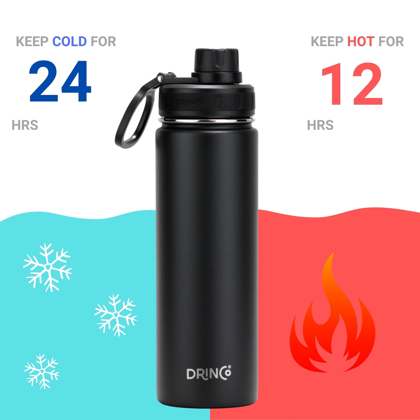Drinco Stainless Steel Water Bottle – Vacuum Insulated Double Wall, Wide Mouth, Leak Proof, Keeps Drinks Cold & Hot – Reusable Sport Water Bottle for Camping, Hiking, Gym (22oz Black)