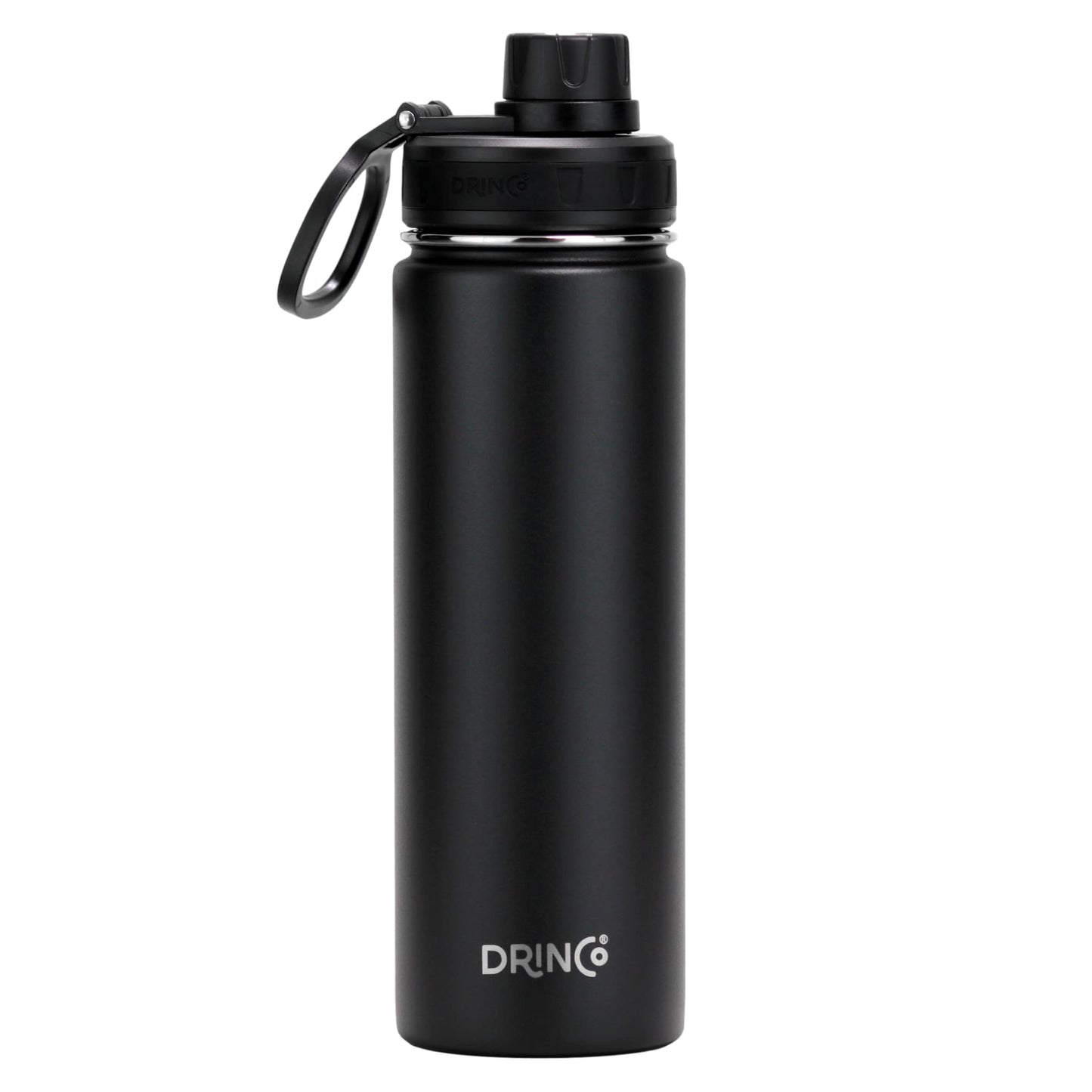 Drinco Stainless Steel Water Bottle – Vacuum Insulated Double Wall, Wide Mouth, Leak Proof, Keeps Drinks Cold & Hot – Reusable Sport Water Bottle for Camping, Hiking, Gym (22oz Black)