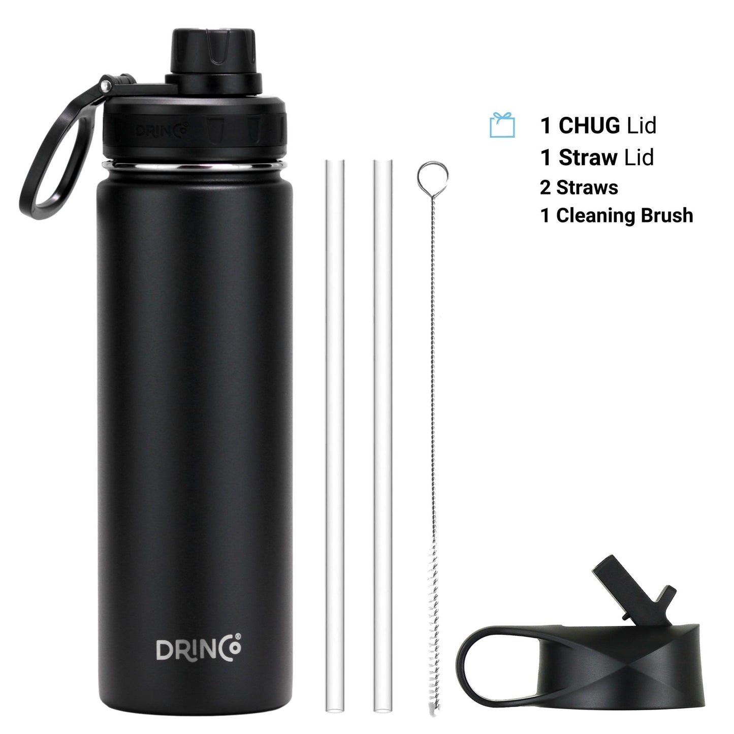 Drinco Stainless Steel Water Bottle – Vacuum Insulated Double Wall, Wide Mouth, Leak Proof, Keeps Drinks Cold & Hot – Reusable Sport Water Bottle for Camping, Hiking, Gym (22oz Black)