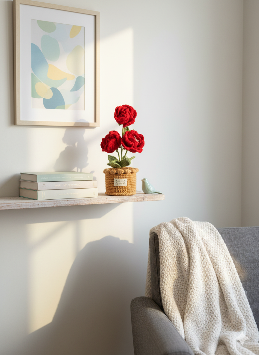 Handmade Crochet Red Rose Potted Plant | Everlasting Flower Bouquet | Unique Home & Desk Decor Gift