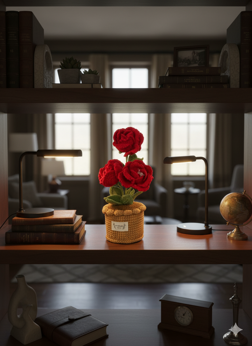 Handmade Crochet Red Rose Potted Plant | Everlasting Flower Bouquet | Unique Home & Desk Decor Gift