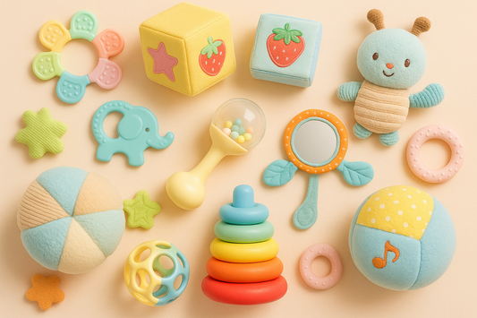 Colorful baby play toys including stacking rings, plush doll, soft blocks, rattle, and sensory ball