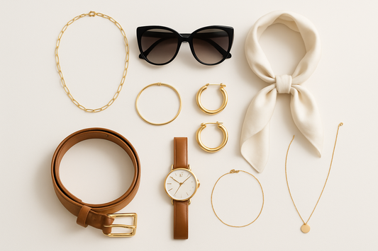 Stylish flat lay of women’s fashion accessories including gold jewelry, hoop earrings, wristwatch, sunglasses, belt, and silk scarf