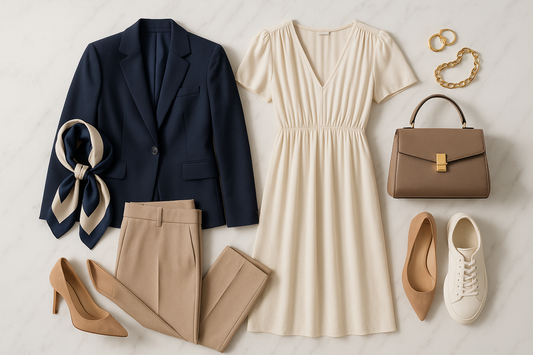Flat lay of stylish clothing and accessories including a navy blazer, beige trousers, cream dress, brown handbag, heels, sneakers, scarf, and gold jewelry — perfect for versatile outfits from casual to work-ready