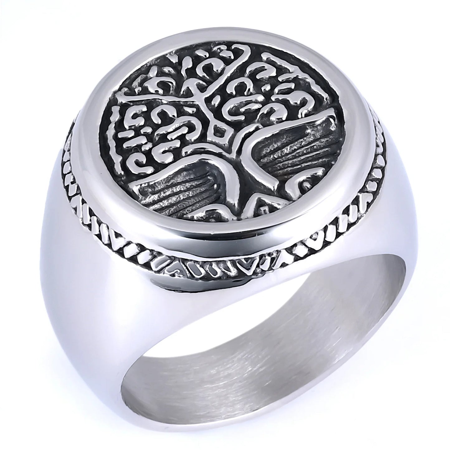 Personalized Thai Silver Men's Retro Fashion Ring Hip Hop Plant Mongolian Element Tree Of Life Stainless Steel Ring