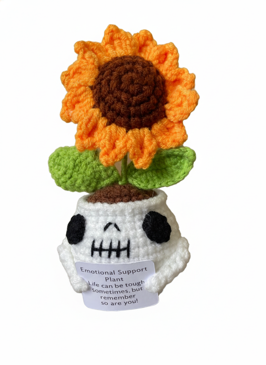 Handmade Amigurumi Sunflower in White Skull Planter | Crochet Potted Sunflower & Desk Decor