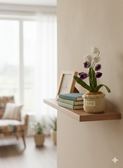 Handmade Crochet Lily of the Valley & Purple Bell Flowers in Pot Desk Decor | Home Decor