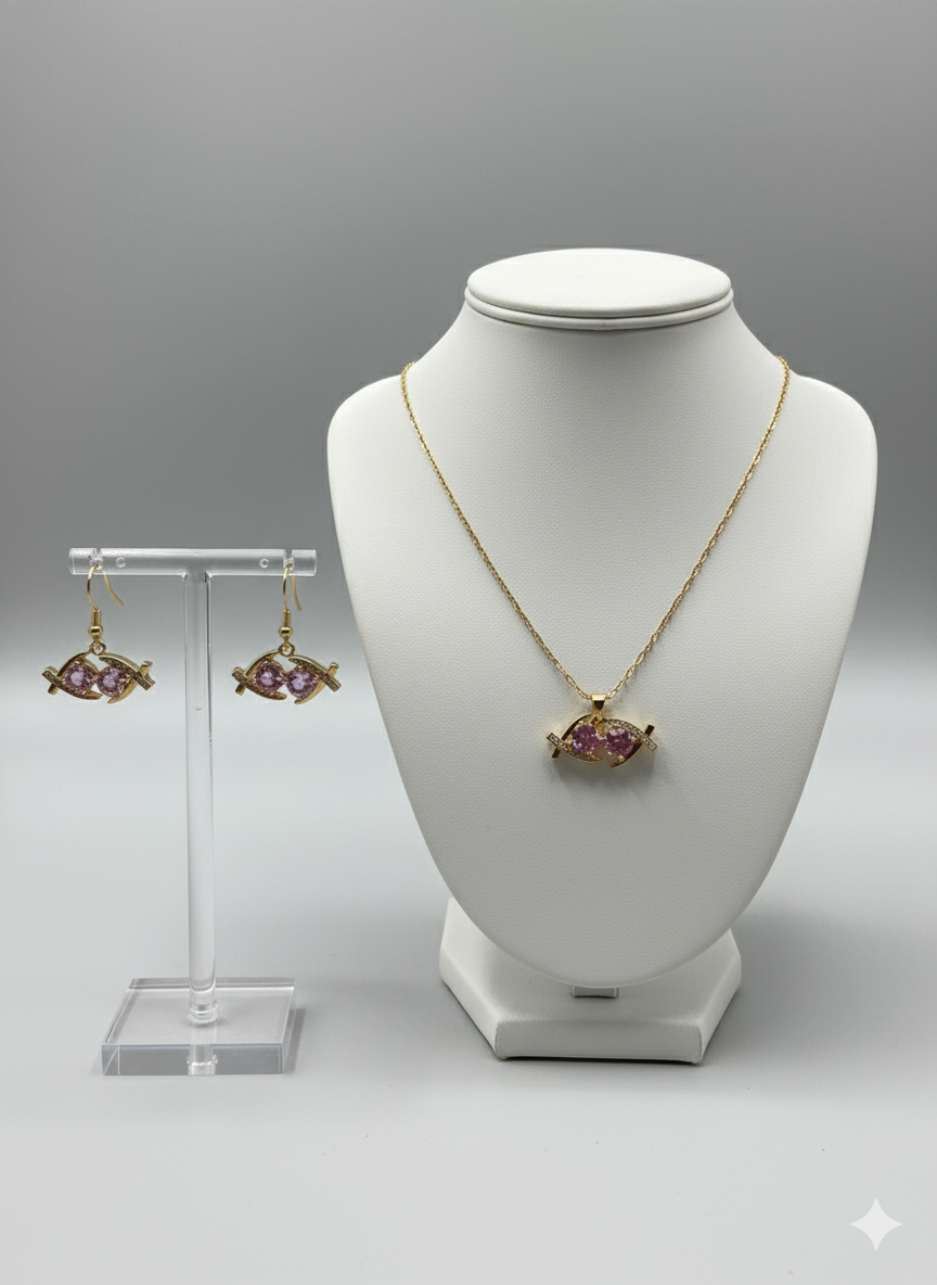 Dainty Fish Jewelry Set - Gold-Tone Necklace & Earrings with Light Purple Crystals | Whimsical Animal Jewelry | Elegance Outlet