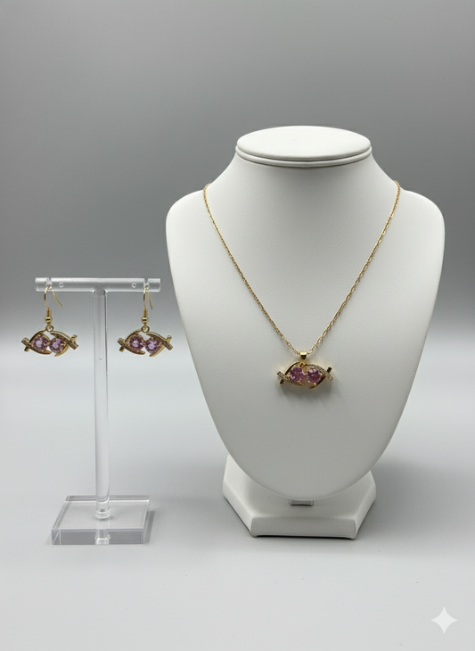 Dainty Fish Jewelry Set - Gold-Tone Necklace & Earrings with Light Purple Crystals | Whimsical Animal Jewelry | Elegance Outlet