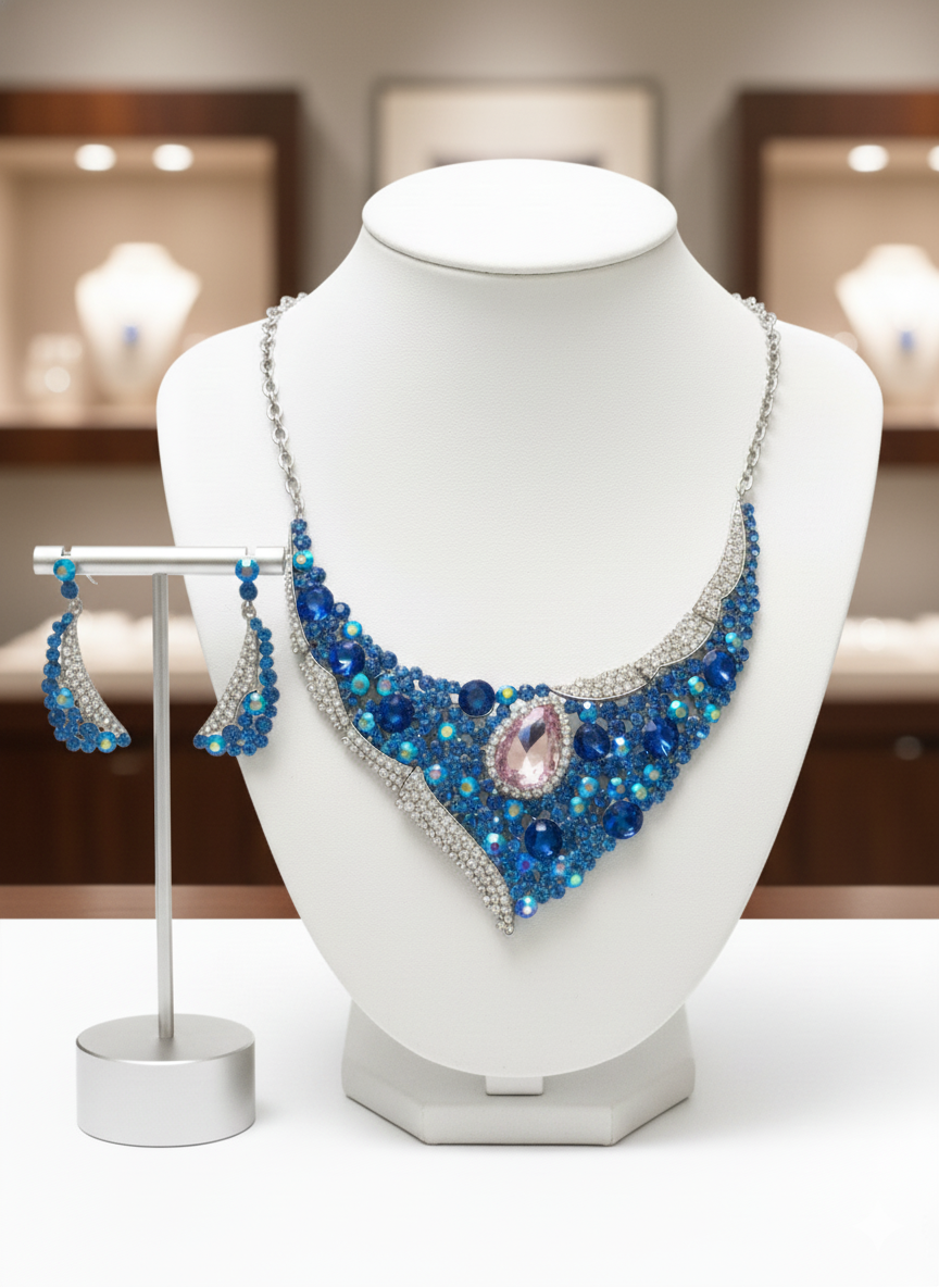Royal Blue Crystal Statement Necklace Set with Pink Teardrop | Formal Evening Jewelry | Elegance Outlet