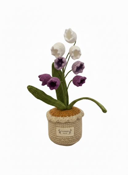 Handmade Crochet Lily of the Valley & Purple Bell Flowers in Pot Desk Decor | Home Decor