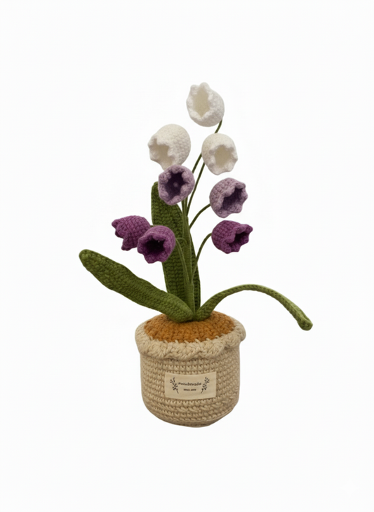 Handmade Crochet Lily of the Valley & Purple Bell Flowers in Pot Desk Decor | Home Decor