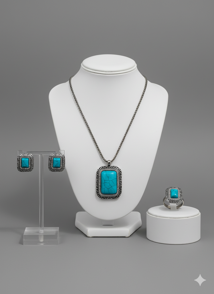 Rectangular Turquoise Statement Set - Necklace, Earrings & Ring | Modern Bohemian Jewelry | Elegance Outlet