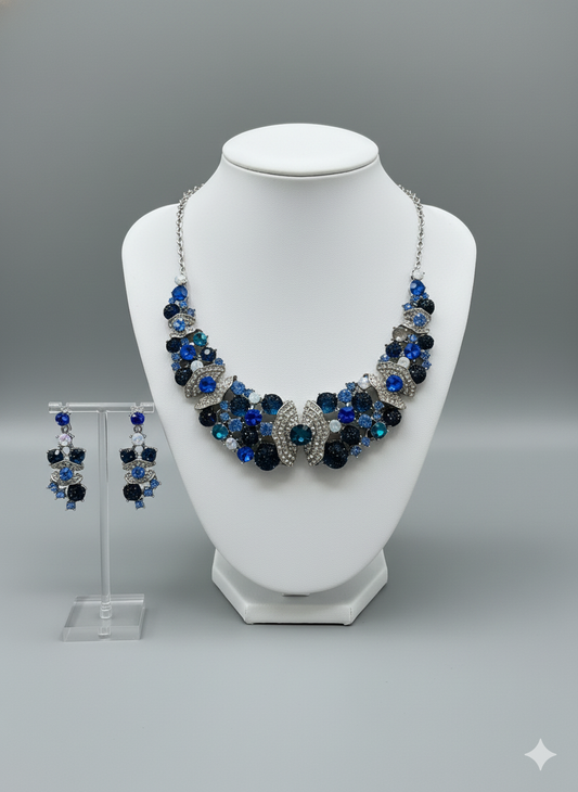 Blue Rhinestone Statement Necklace & Earring Set | Formal Evening Jewelry | Elegance Outlet