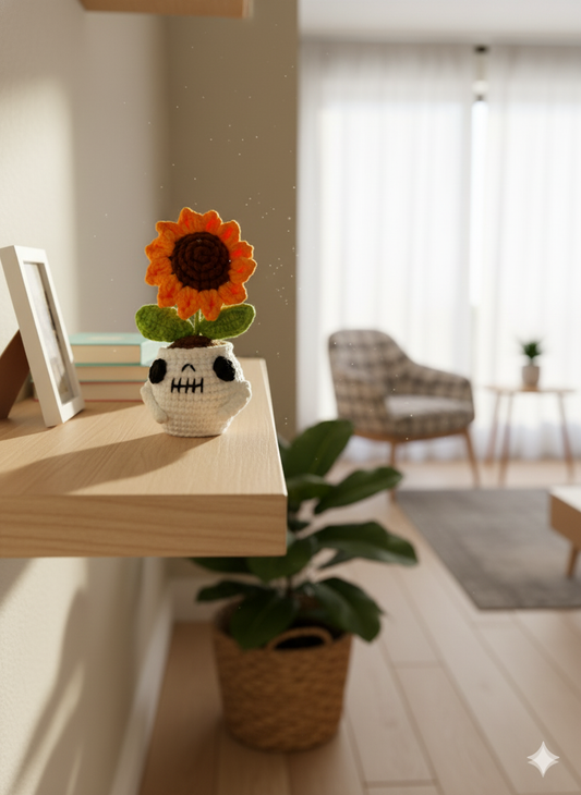 Handmade Amigurumi Sunflower in White Skull Planter | Crochet Potted Sunflower & Desk Decor