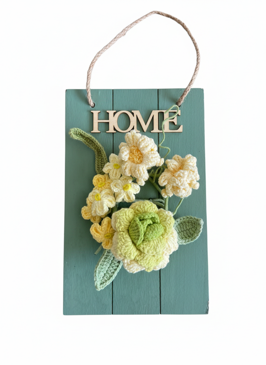 Handmade Crochet Flower Wall Hanging Decor | Rustic Wooden "HOME" Sign | 3D Crochet Flowers on Wood Plaque
