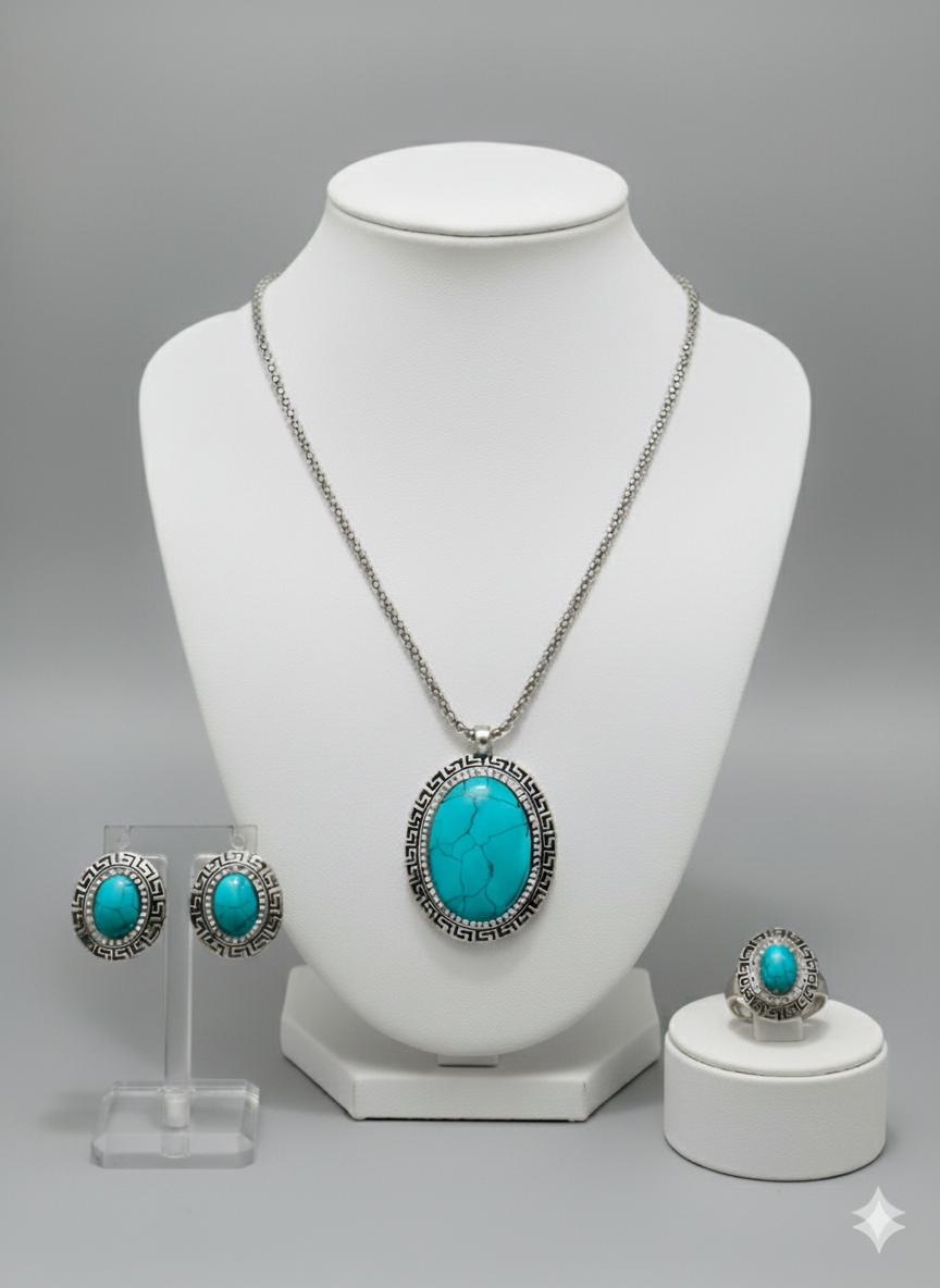 Turquoise Statement Jewelry Set - Necklace, Earrings & Ring | Southwestern Bohemian Style | Elegance Outlet