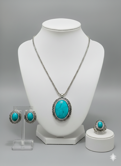 Turquoise Statement Jewelry Set - Necklace, Earrings & Ring | Southwestern Bohemian Style | Elegance Outlet