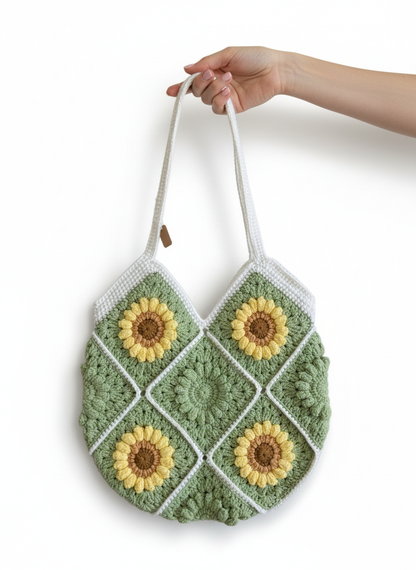 Handmade Boho Crochet Sunflower Tote Bag | Sage Green Crochet Bag with Sunflowers