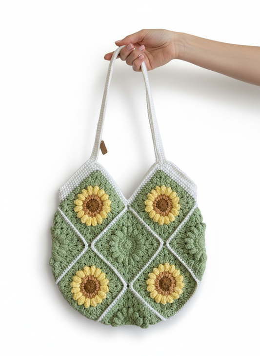 Handmade Boho Crochet Sunflower Tote Bag | Sage Green Crochet Bag with Sunflowers
