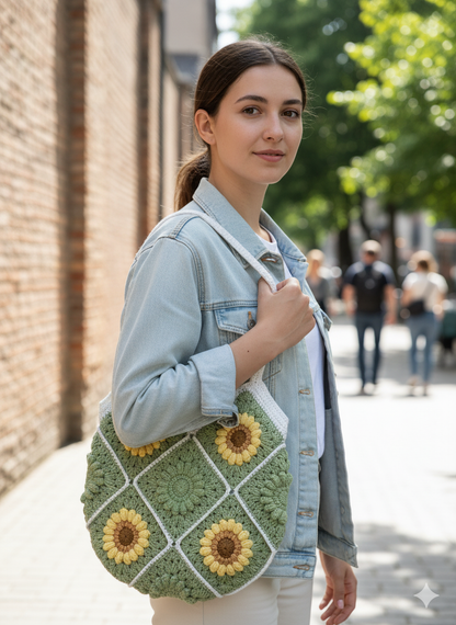 Handmade Boho Crochet Sunflower Tote Bag | Sage Green Crochet Bag with Sunflowers